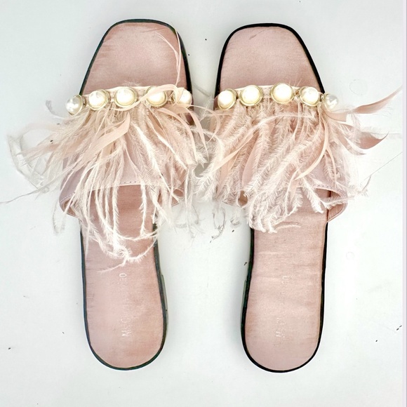 Shoes - Satin, Pearls and Feather Slides - size 39